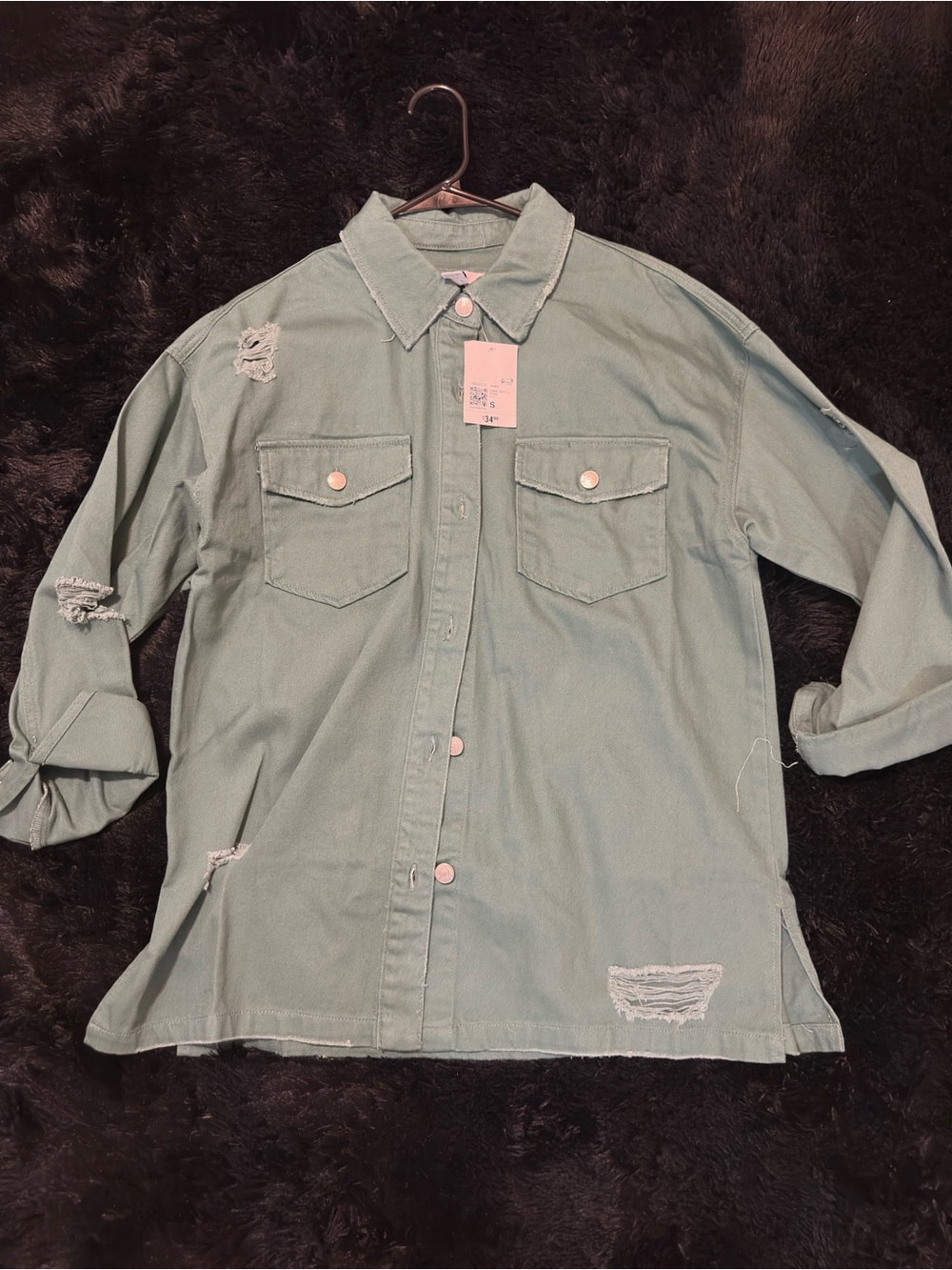 Forever 21 oversized  Green Distressed Button-Down Shirt Jacket